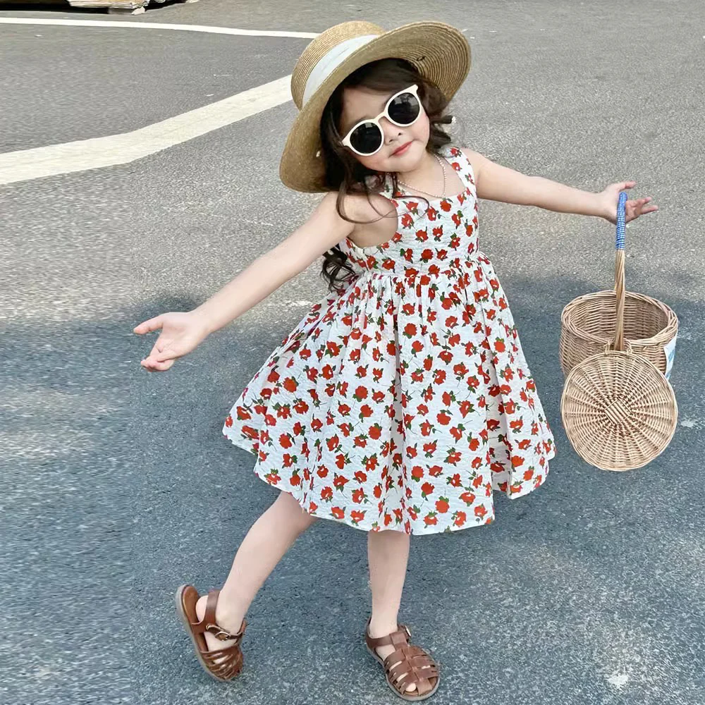 Girl's Strap Skirt Summer New Sweet Floral Cross Tank Top Beach Princess Dress Children One Piece Dropshipping - Deanwangkt