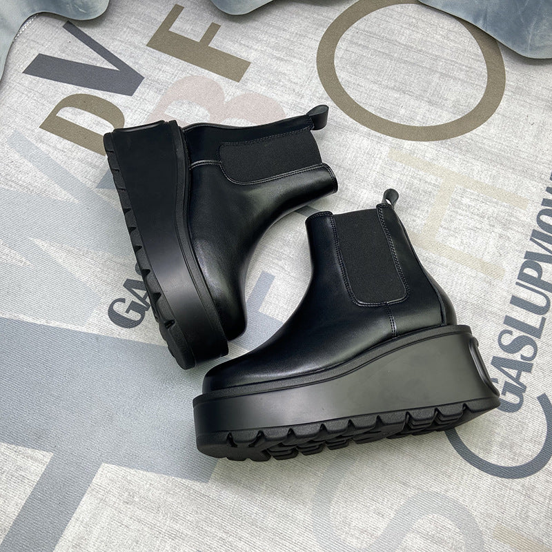 Grape Mom Studiolee Stretch Leather One Pedal Raise the Bottom round Toe Chelsea Short Boots for Women Summer and Autumn - Deanwangkt