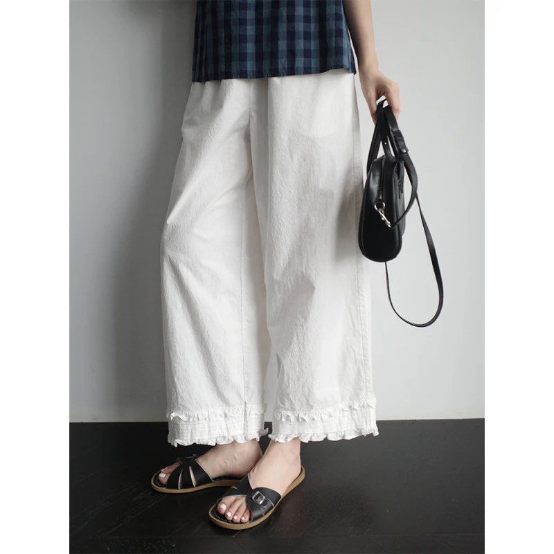 spring clothing new Korean version fashion solid color simple elastic waist loose large size thin lace loose nine-point pants - Deanwangkt