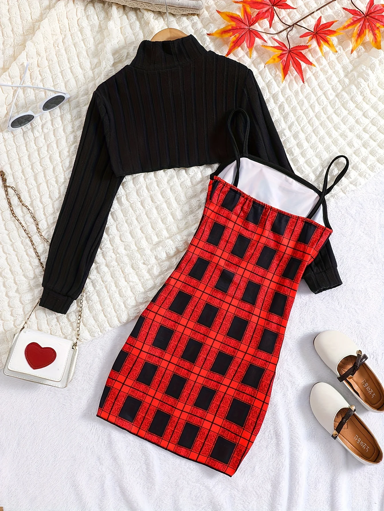 2pcs Elegant Ribbed Long Sleeve Cropped Top + Plaid Cami Dress Set Spring Fall Christmas Gift, girl's outdoor activities - Deanwangkt