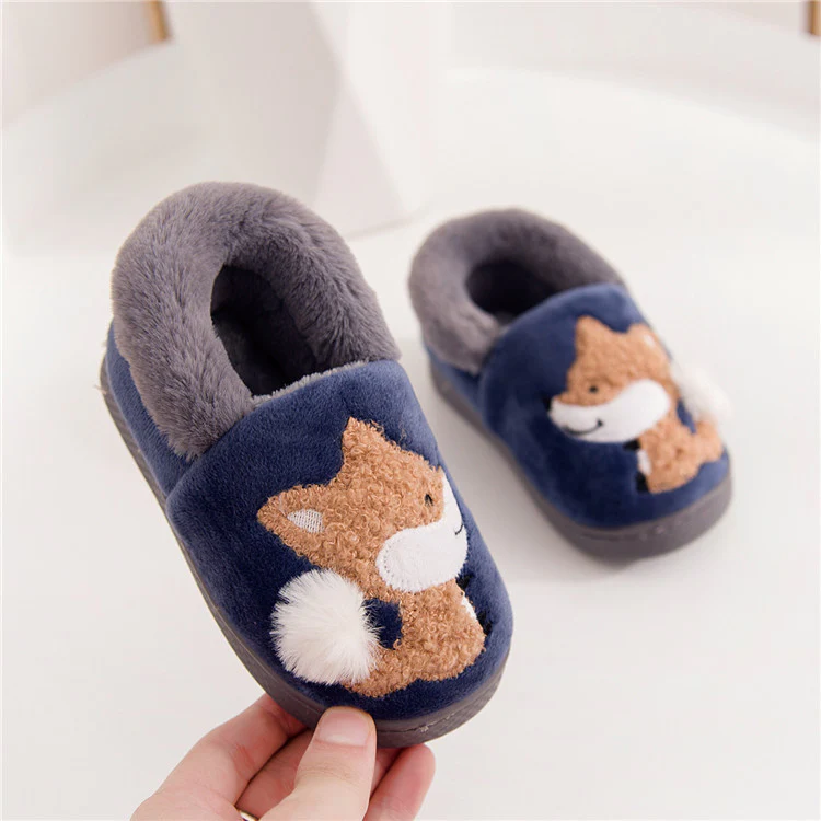 DEANWANGKT Boys and Girls Bag Heel Cartoon Fox Baby Fur Non Slip Cotton Slippers Winter Warm Children's Home Cotton Shoes - Deanwangkt