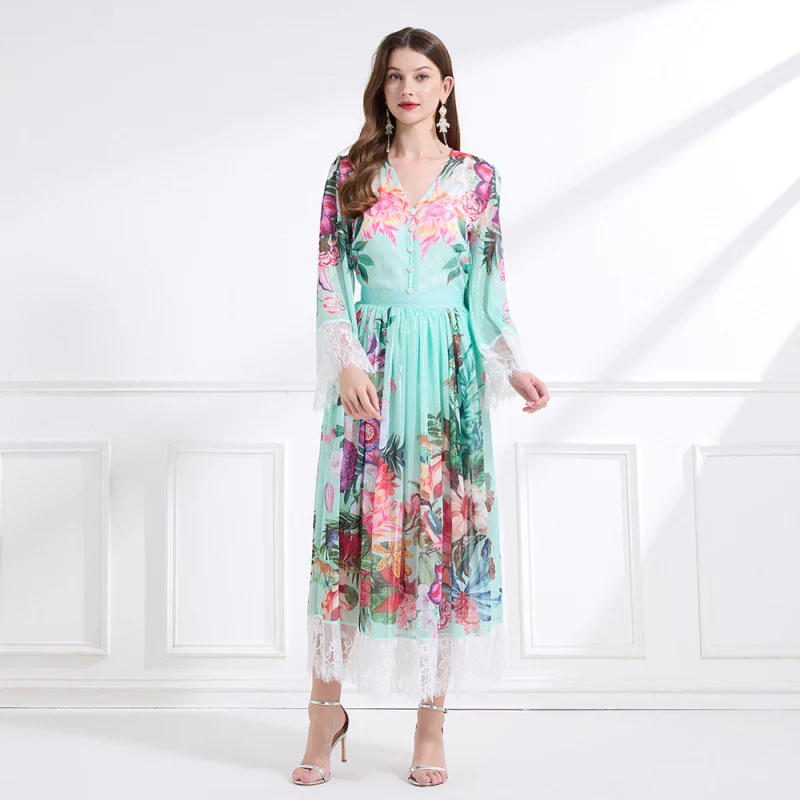 Popular trade  women's clothing vacation style V-neck lace printing set waist ruffle edge dress - three-piece set - Deanwangkt