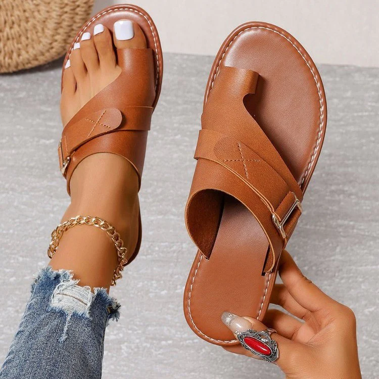 DEANWANGKT  European and American  Summer Foreign Trade New plus Size Women's Shoes Toe Covering Flat Heel Leisure Light Brown Women's Sandals Wish - Deanwangkt