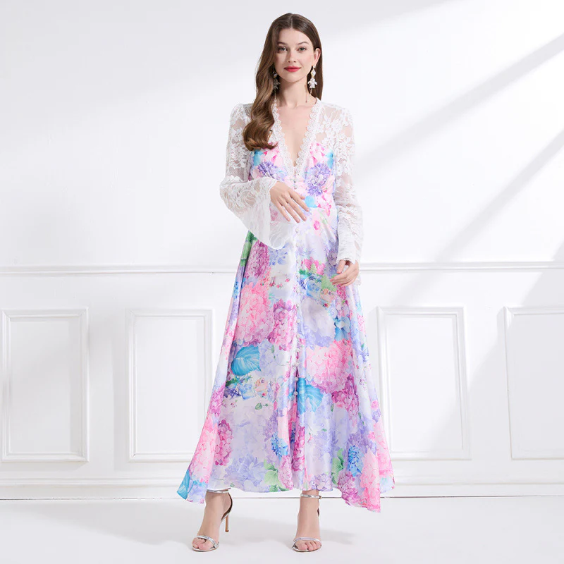 fashion holiday style dress spring women's court style deep V-neck waist horn sleeve lace print dress - Deanwangkt