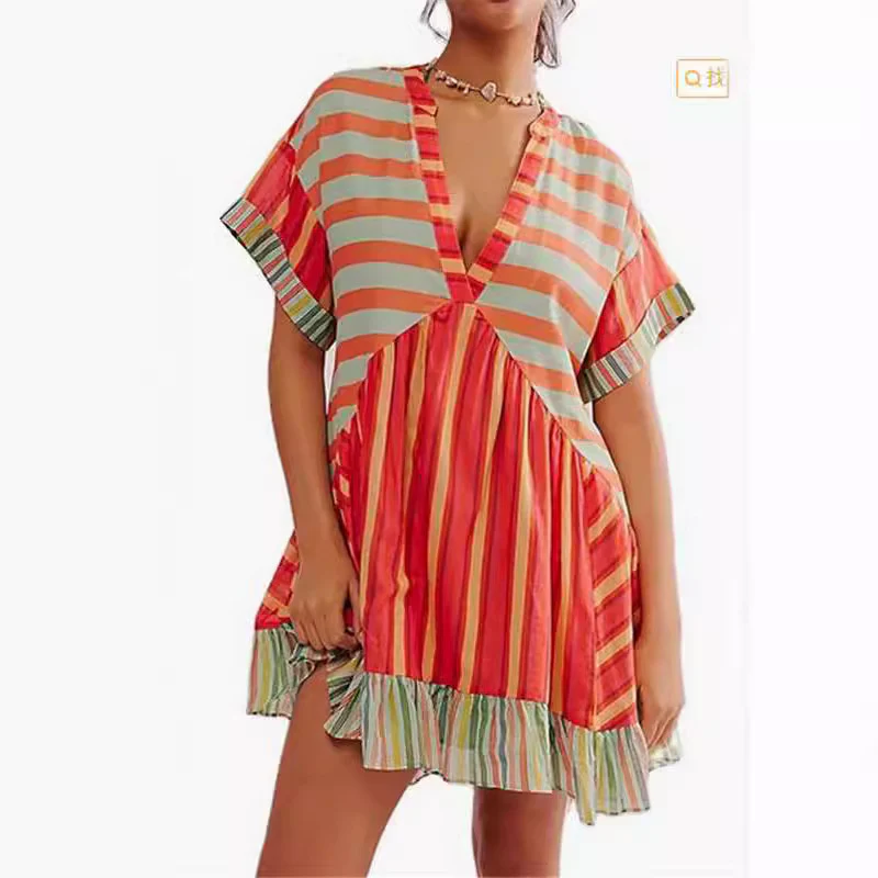 DEANWAQNGKT  Cross-Border European and American Independent Station Spring and Summer Women's Clothing Multi-Color Printed Striped Short Sleeve V-neck Dress - Deanwangkt