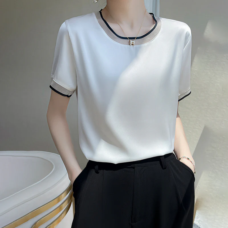 DEANWANGKT  Summer New Silk Satin Mesh Patchwork round Neck Slimming Short-Sleeved T-shirt Top Women's Mulberry Silk All-Matching Women's Wear - Deanwangkt