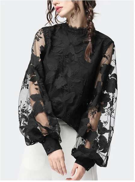 2020 new 2025 Popular trade women's clothing,  lace bubble sleeves transparent round neck solid color top shirt - Deanwangkt