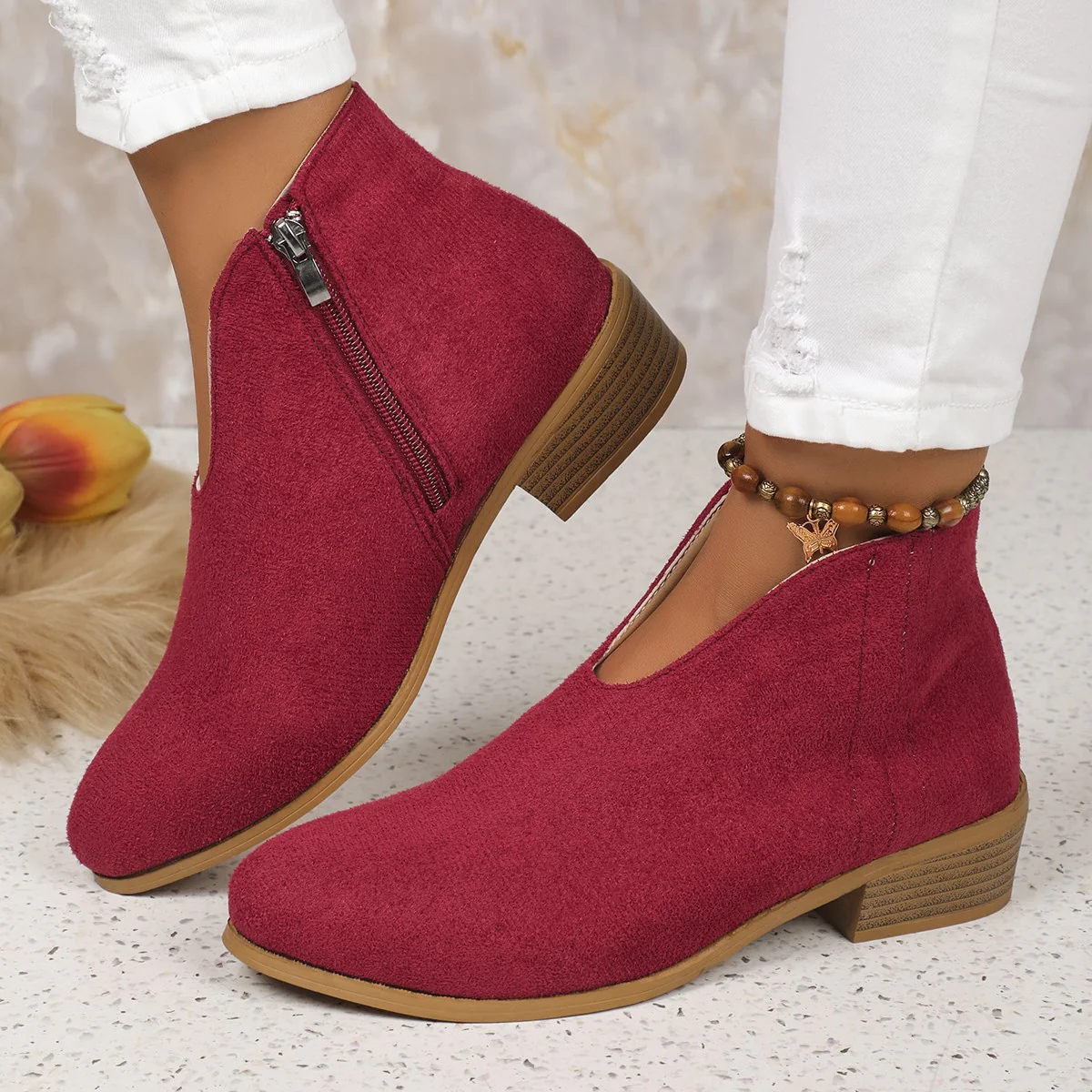 Sexy V Cut Booties Women  New HOTan and NEWn Foreign Trade Large Size Thick Heel Pointed-Toe Side Zip Chelsea Boots - Deanwangkt