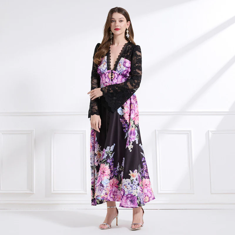 fashion holiday style dress women's spring dress court deep V-neck lace horn sleeve single-breasted printed long dress - Deanwangkt