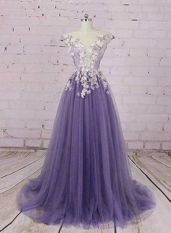 Solvbao Light Purple Tulle Floral Long A-line Prom Dress Wedding Party Dress, Lace Flowers Party Dress - Deanwangkt