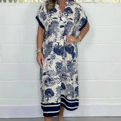 DEANWAQNGKT  Cross-Border New Arrival European and American  Independent Station Summer Women's Printed Loose Printed Short Sleeve Dress - Deanwangkt