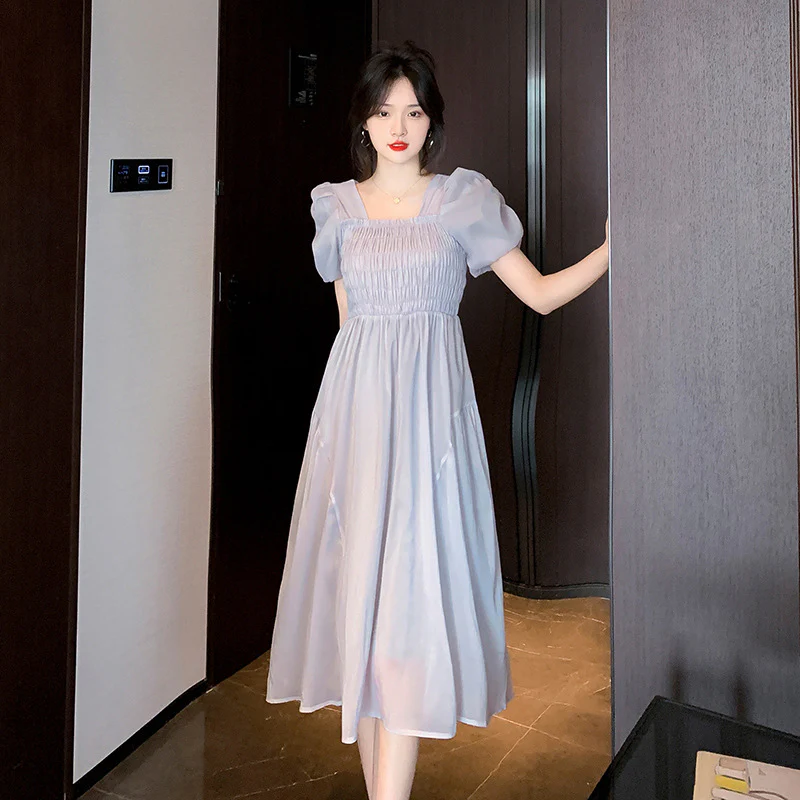 deanwangkt Women's Bubble Sleeve Chiffon Dress Summer  New Small Elegant  Tea Break Dress for Women - Deanwangkt