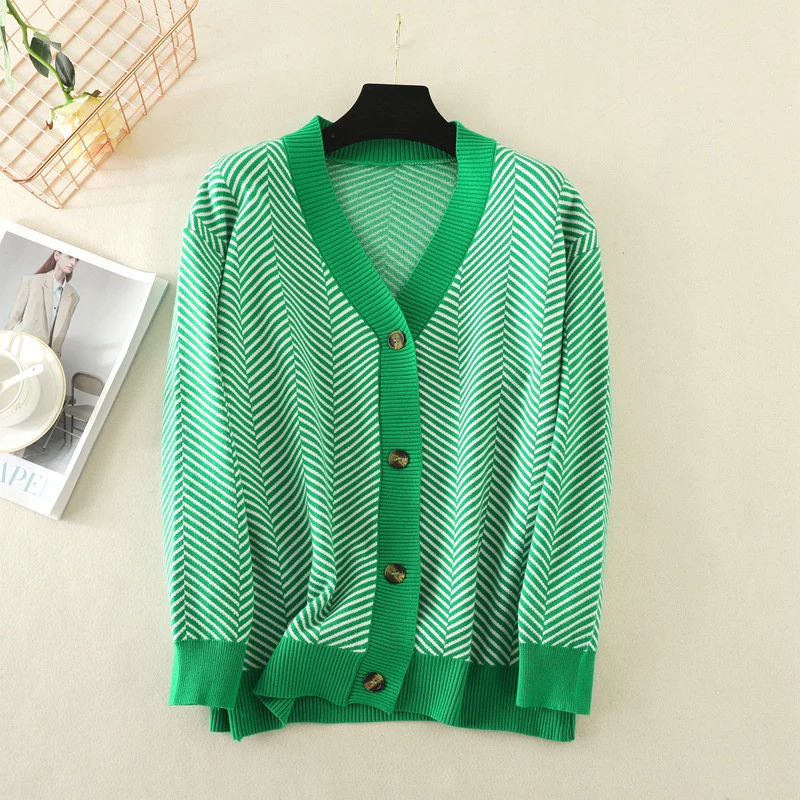 DEANWANGKT  spring and autumn new Korean version single-breasted cardigan women's V-neck contrasting loose striped sweater jacket long-sleeved top - Deanwangkt