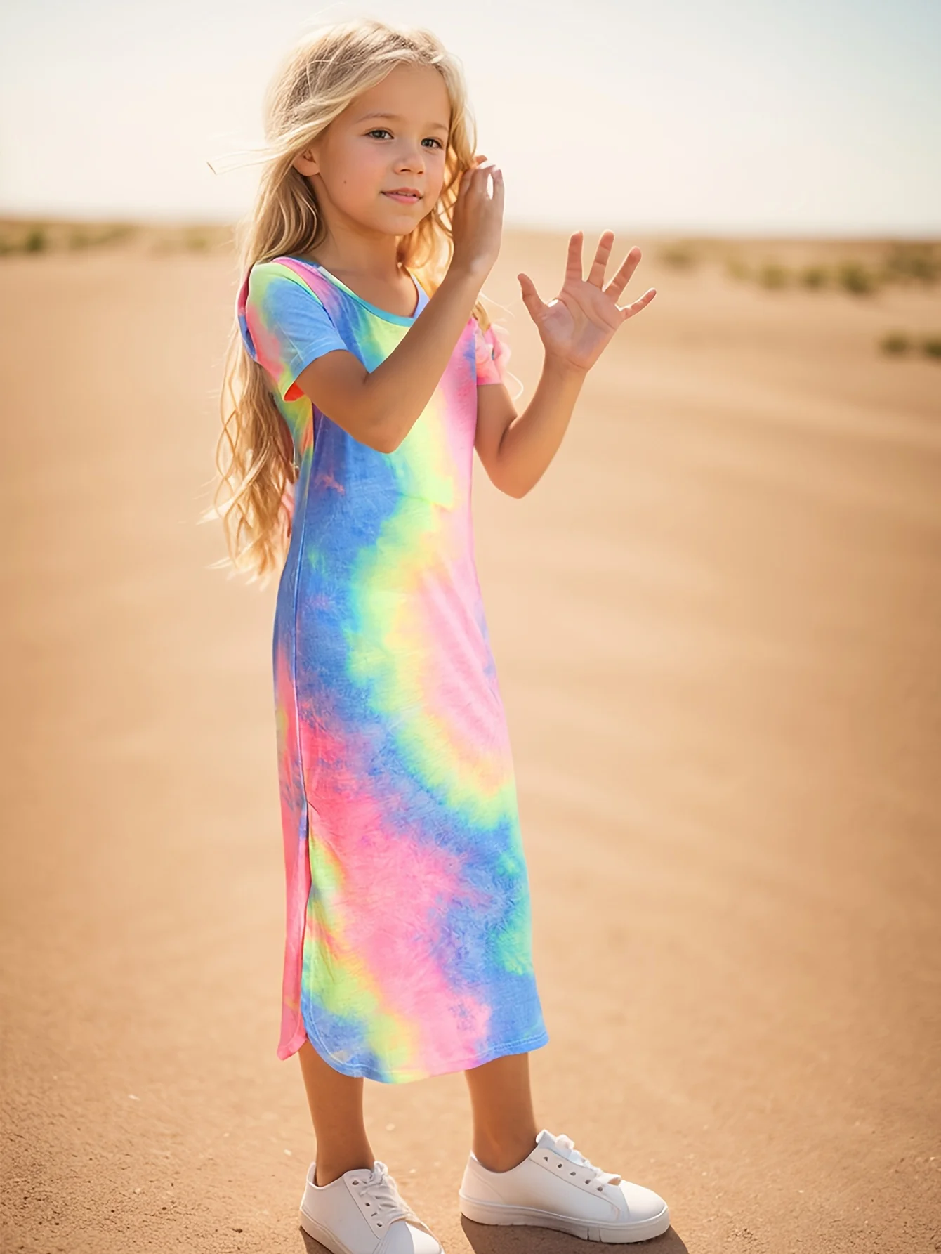 Vibrant Tie Dye Short Sleeve Slim Midi Dress for Girls - Casual, Comfortable, and Stylish Holiday Wear - Perfect Summer Gift for Tweens and Teenagers - Deanwangkt
