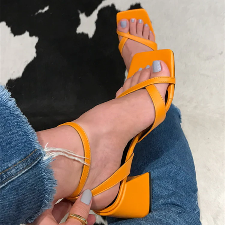 DEANWANGKT  2022 European and American New Foreign Trade Large Size Thick Heel Toe Covering Buckle Sandals Women's  Hollow Square Toe High Heels - Deanwangkt