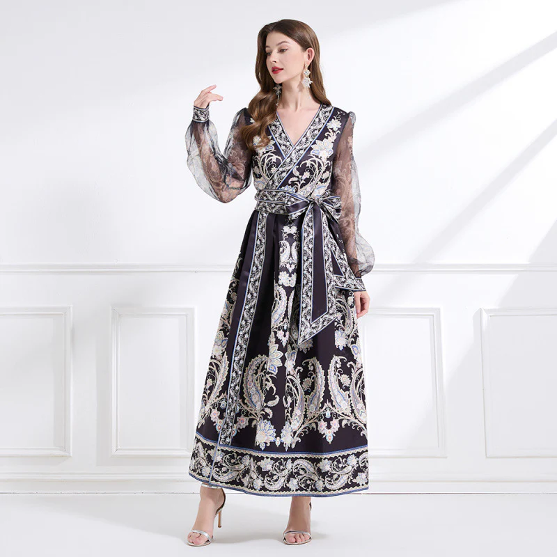 Retro court dress women's design sense printing strap waist long  bubble sleeve temperament dress women - Deanwangkt