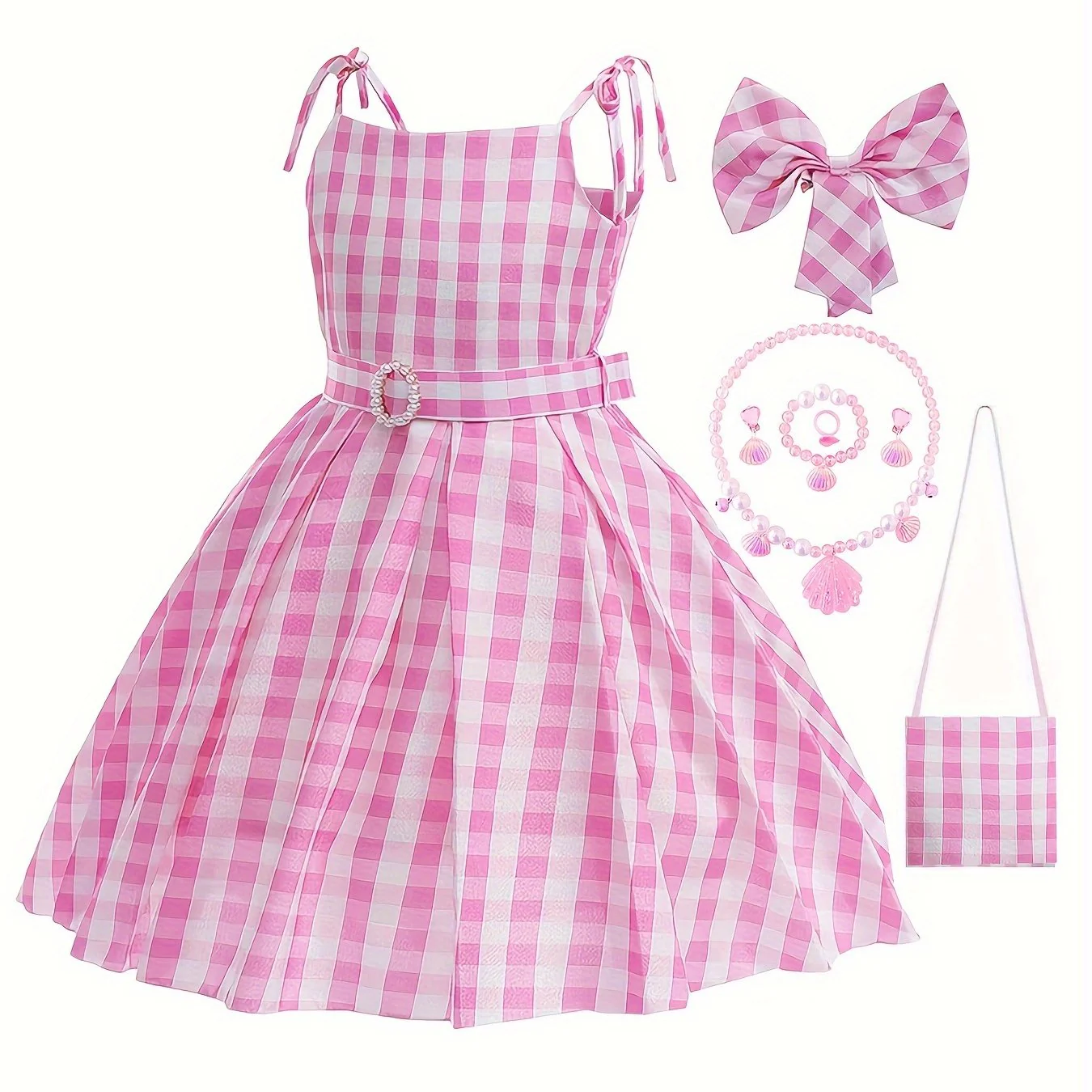 Knee-High Pink Plaid Girls Dress with Belt, Headwear, Backpack, and Jewelry - Cute Slingback Design, Non-Stretch Polyester Fabric, Flared Hem, Woven, Spring/Summer Wear - Deanwangkt
