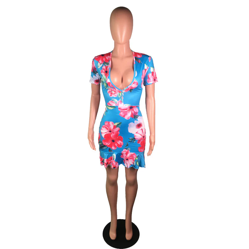 DEANWAQNGKT  Yz1021  Cross Border Women's Clothing  Foreign Trade Fashion Sexy V-neck Backless Tether Printing Dress - Deanwangkt