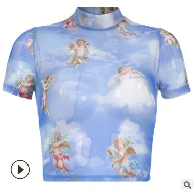 DEANWANGKT  Hot Sale 2022 Spring European and American Ins New Women's Sexy Angel Print Mesh Short Sleeve T-shirt Female in Stock - Deanwangkt
