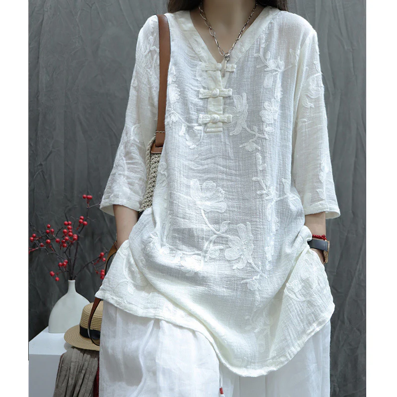 Cotton and linen women's clothing  summer new jacquard loose temperament V-neck buckle Popular style versatile medium-sleeved shirt women - Deanwangkt