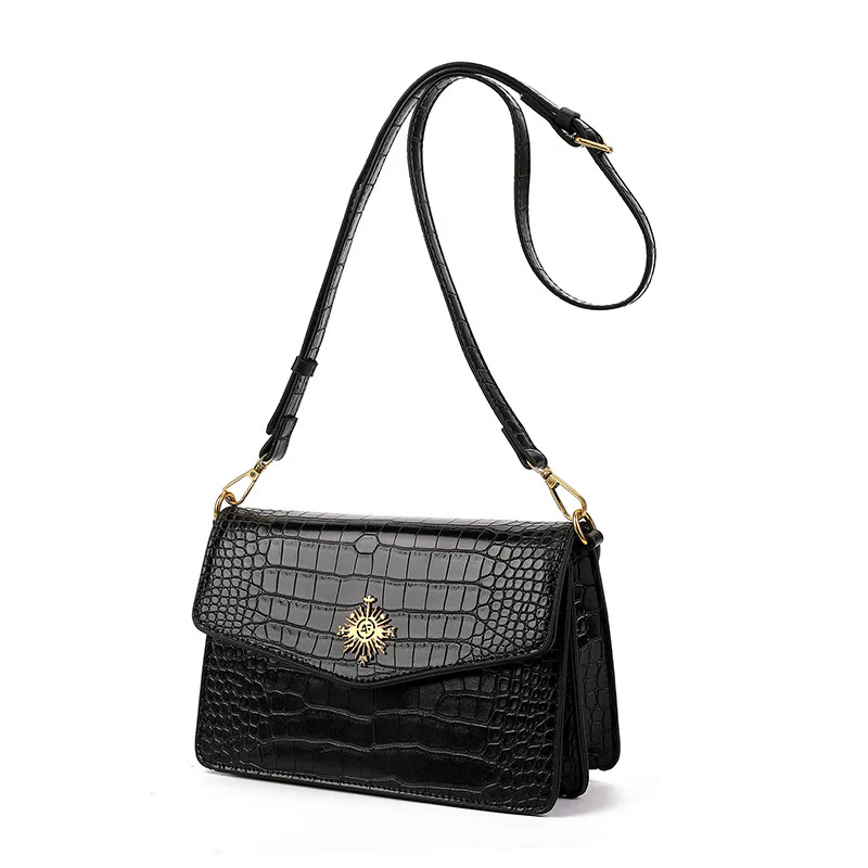 Crocodile Pattern Leather Bag Black Retro Small Square Bag Women's Crossbody High-Grade Simple Handbag Shoulder Box Envelope Package - Deanwangkt
