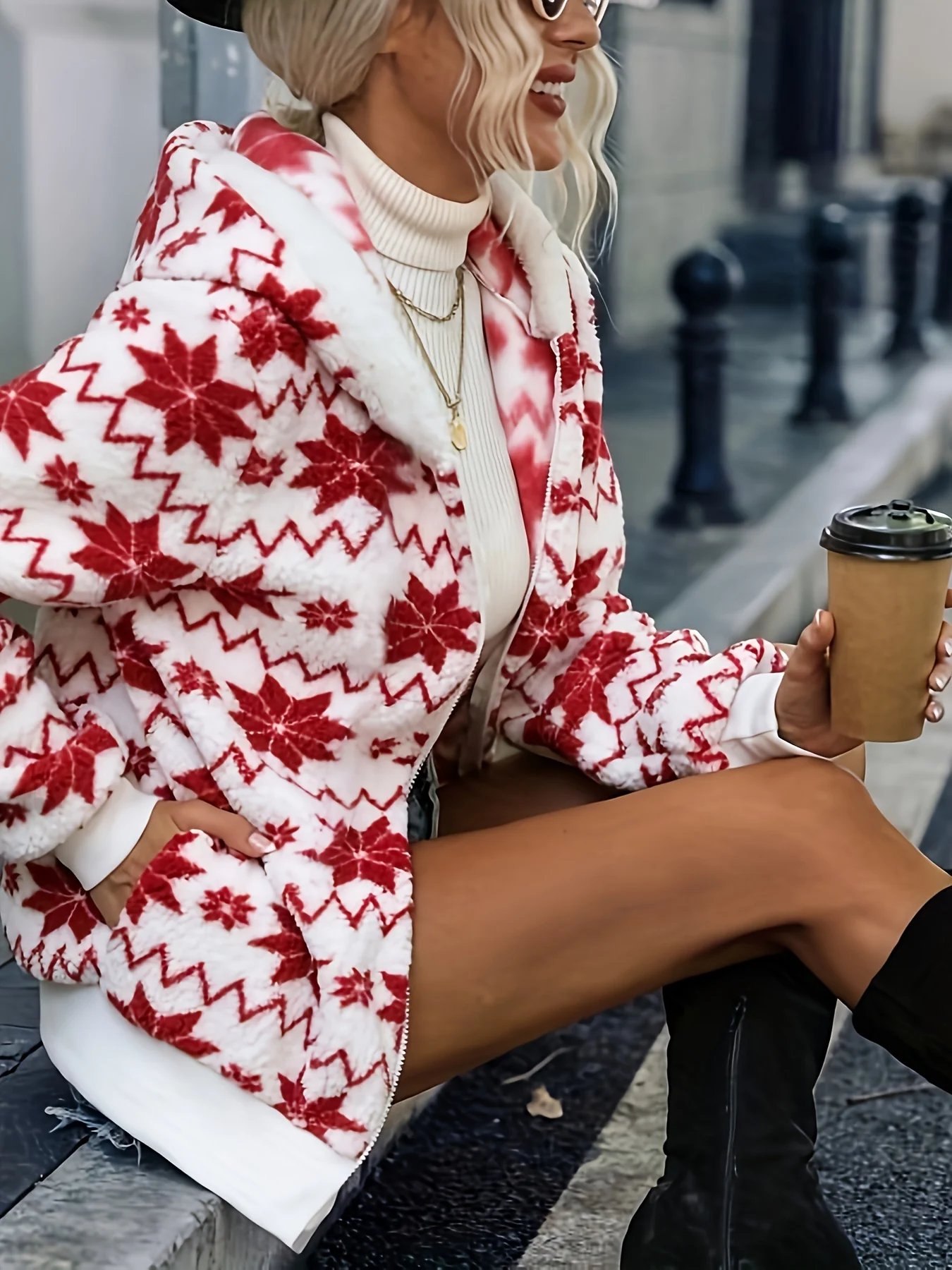 Women's Christmas Print Knit Hoodie, Cozy Polyester Fleece Pullover with Zipper, Holiday Vacation Style, All-Season Fashion Sweater Top - Deanwangkt