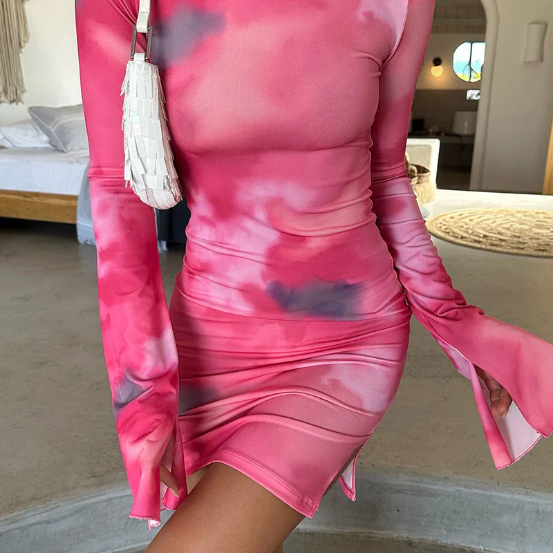 2025 DEANWANGKT  Popular trade   women's clothing popular summer new smudge design long-sleeved slim-fit hip-wrapped dress - Deanwangkt