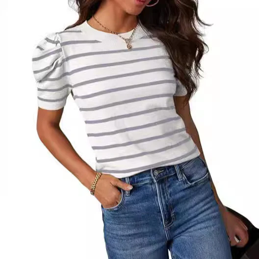 DEANWANGKT  Spring and Summer New Women's Clothing European and American Style Striped Pullover round Neck Puff Sleeve T-shirt - Deanwangkt