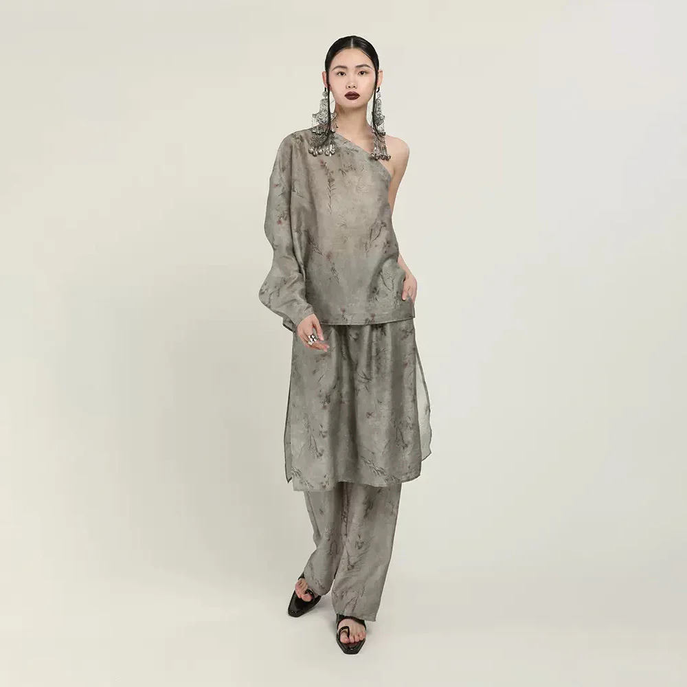 Spring and summer new wide-leg pants, new Chinese loose elastic waist fake two-piece wide-leg pants B0406 culottes women - Deanwangkt