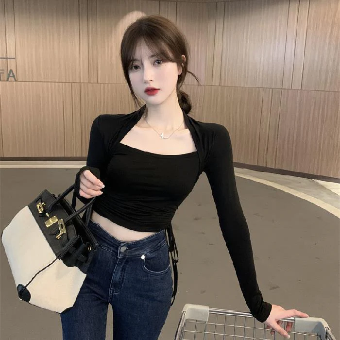 deanwangkt Sexy Square-Neck Bottoming Shirt Women's Design Sense Niche  Autumn Long Sleeves Inner Wear Shirt Slim Fit Drawstring Top Fashion - Deanwangkt