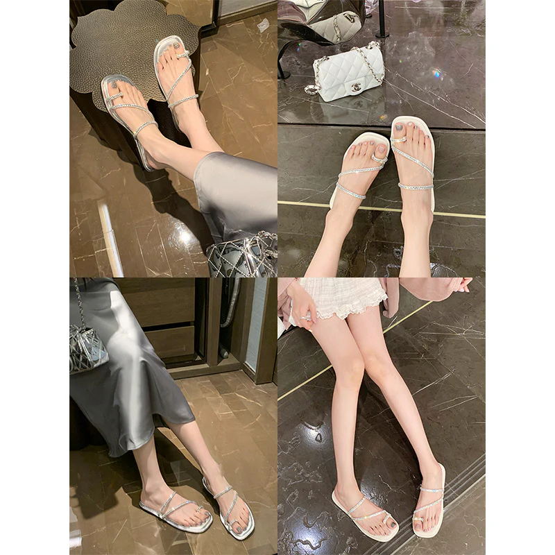 DEANWANGKT  Cowhide Version ~ Grape Mom's Same Rhinestone Toe Ring Slippers Women's Summer Outdoor Wear Fairy Style Flat Sandals 2025 - Deanwangkt
