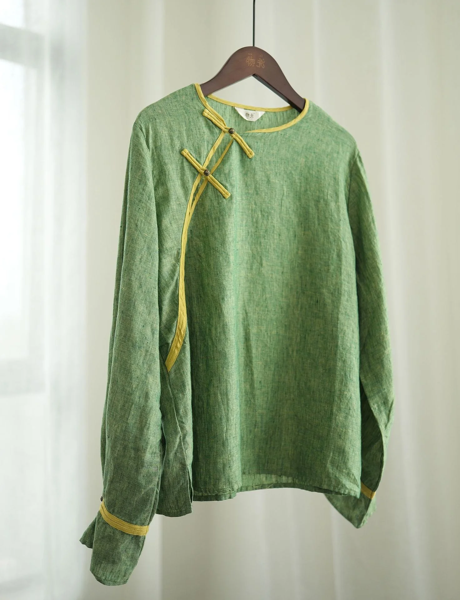 design Oriental aesthetic yarn-dyed linen contrasting top, light Chinese diagonal flared sleeve shirt S23036 - Deanwangkt