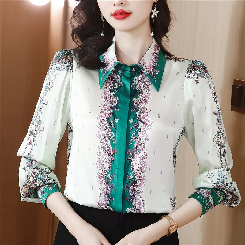 Printed Women Designer Lapel Shirts Silk Black Long Sleeve Elegant Fit Shirt Office Ladies Button Front Casual Satin Blouses Spring Fall Chic Slim Runway Tops - Deanwangkt