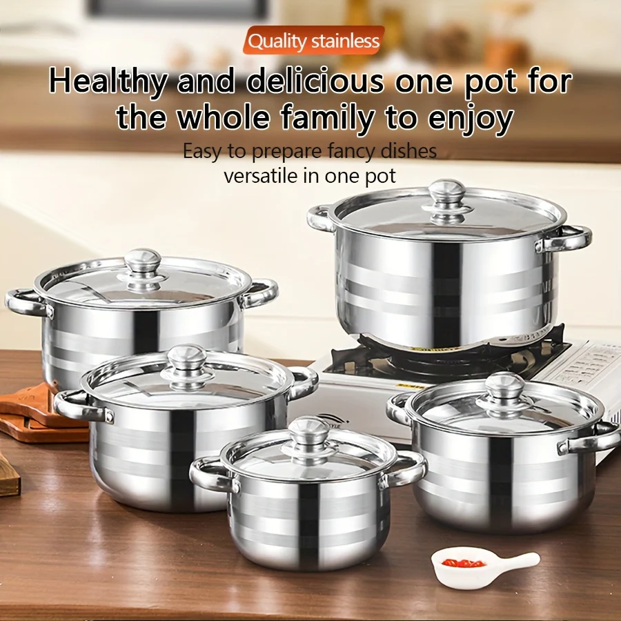 10pcs set of stainless steel pots, specifications are 6.69/7.68/8.54/9.33/10.04inch, stainless steel cooking pot, 5 pots + 5 pot lids, suitable for induction cookers and gas stoves, stainless steel double handle with lid, deep soup pot, suitable for - Deanwangkt
