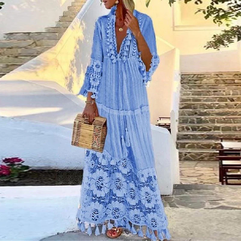 2021 spring and summer new bohemian style lace tassel splicing beach vacation temperament long dress dress - Deanwangkt