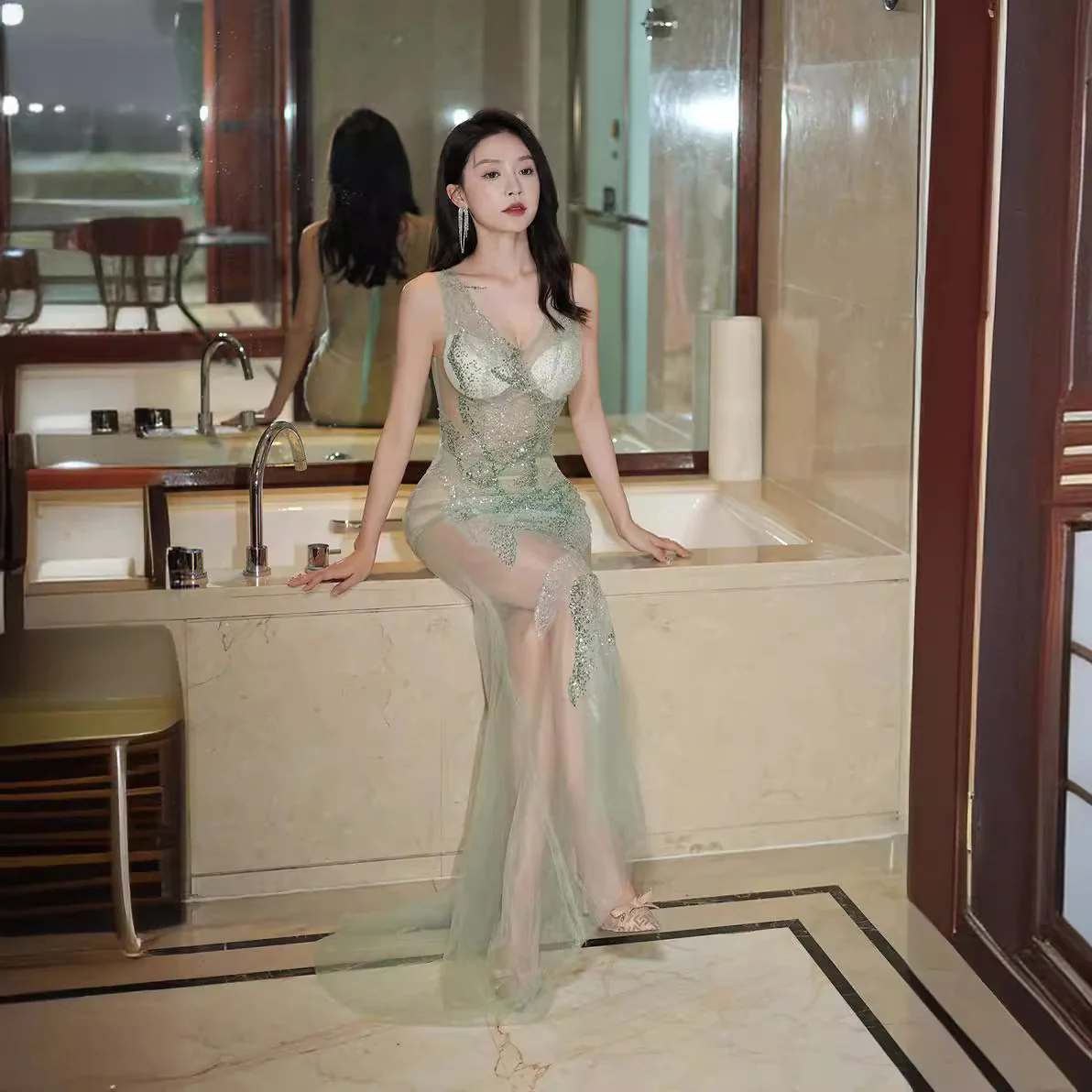 2025 Nightclub sexy temptation fun hollow milk v-neck perspective bead mesh KTV bath overalls dress - Deanwangkt