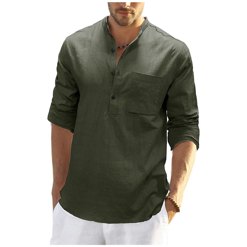 DEANWANGKT 2025 men's clothing  autumn and winter cotton and linen shirts, Popular trade long-sleeved Henry collar tops, loose men's linen shirts - Deanwangkt