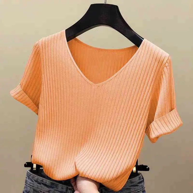 Blouse Women Blusas Mujer De Moda Verano Short Sleeve White V-Neck Knitted Shirt Tops Blusa E403 210426 - Deanwangkt