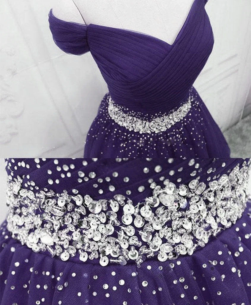 Solvbao Purple Tulle Beaded Cute Off Shoulder Short Prom Dress, Purple Homecoming Dress Party Dress - Deanwangkt