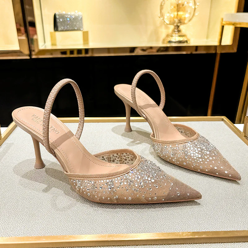 DEANWANGK  Mesh Fashion Elegant Slingback Muller High Heels Pumps  Summer Hollow Women's Sandals Rhinestone Two-Way Fashion Shoes - Deanwangkt