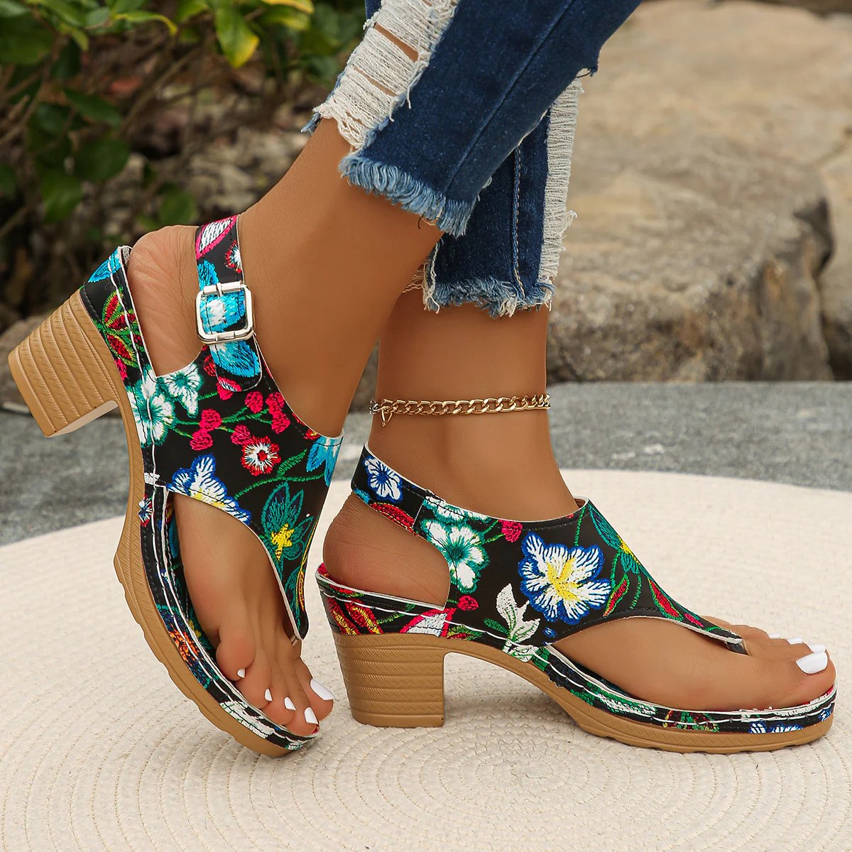 DEANWANGK  Cross-Border Sandals Flip-Flops European and American plus Size  Summer Flower Embroidered Chunky Heel Ankle-Strap Flip-Flops Women's High Heels - Deanwangkt