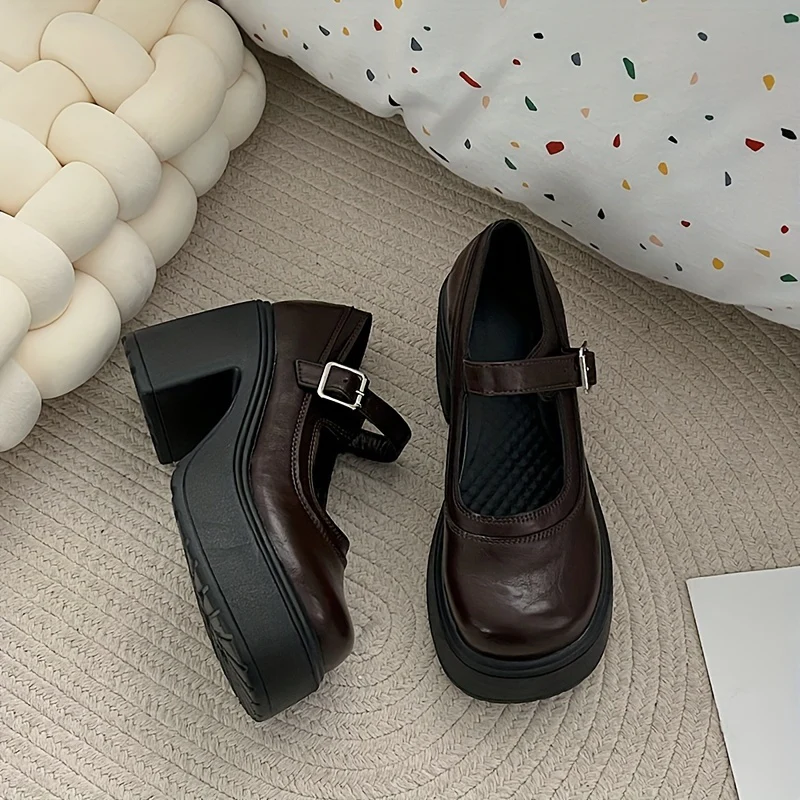deanwangkt  Women's Solid Color Chunky Heels, Fashion Buckle Strap Preppy Style Shoes, Stylish Dress Heels - Deanwangkt