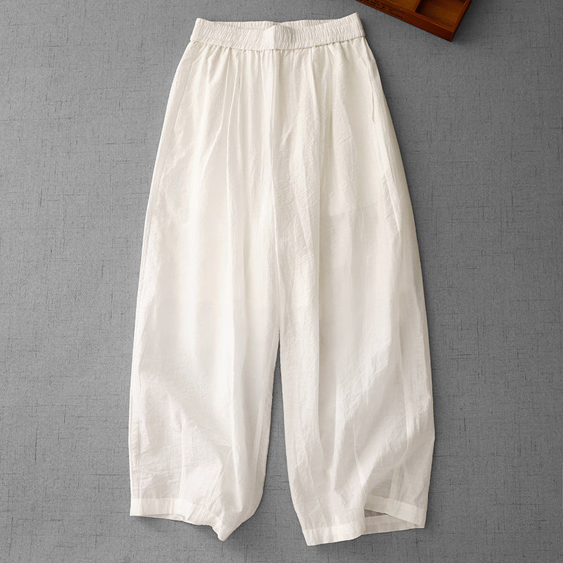 Summer  new Japanese retro beige cotton and linen paper pants women's high-waisted small radish wide-leg pants - Deanwangkt