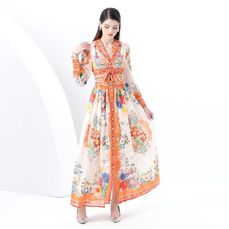 Popular, ,  New women's clothing vacation suit collar lace-up long-sleeved top + long high-waisted skirt - Deanwangkt