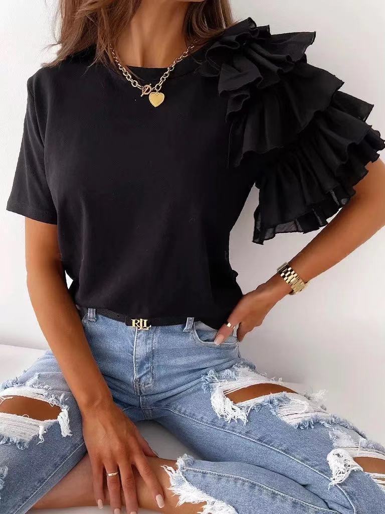 DEANWAQNGKT   Summer Independent Station   Cross Border New Simple Fashion Ruffled Short Sleeves All-Match round Neck T-shirt - Deanwangkt