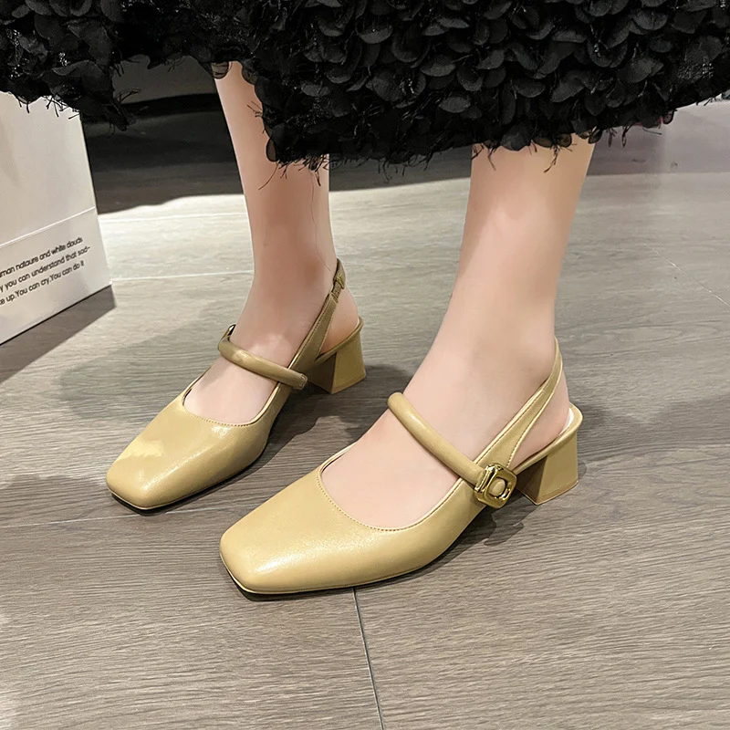 DEANWANGK  Chunky Heel Closed Toe Sandals Women's  New Style Back Empty Buckle High Heel Women's Sandals Square Toe Low-Cut Mary Jane Shoes - Deanwangkt