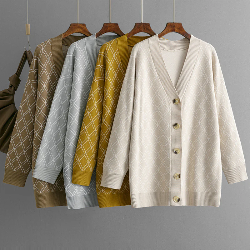 DEANWANGKT New autumn and winter new V-neck cardigan sweater cross-border women's clothing casual loose rhombus plaid knitted sweater jacket - Deanwangkt