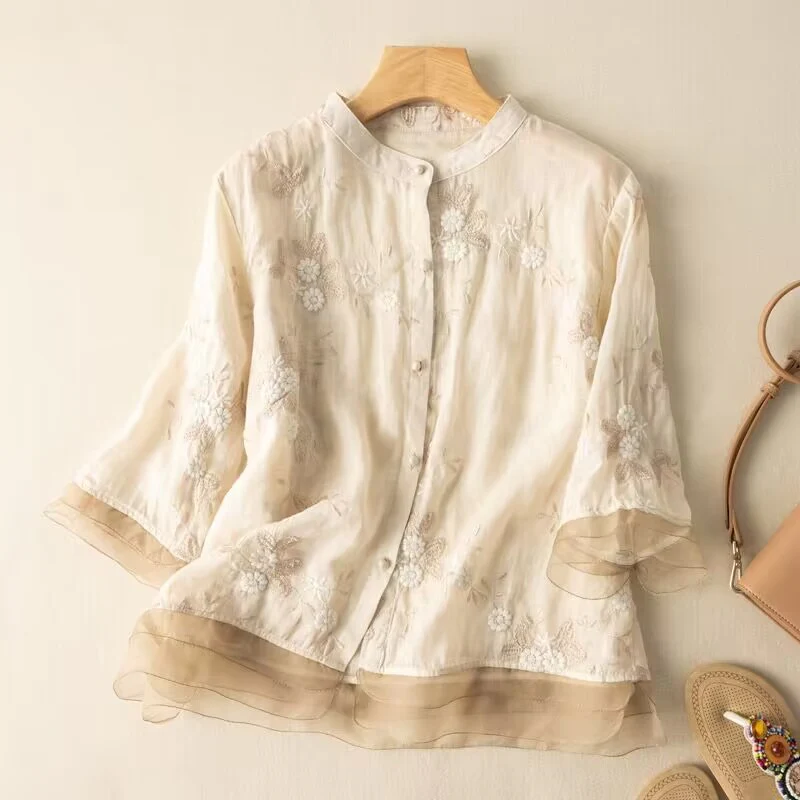 Temperament heavy industry embroidered top  summer new literary and retro seven-quarter sleeve loose cotton and linen splicing shirt women - Deanwangkt