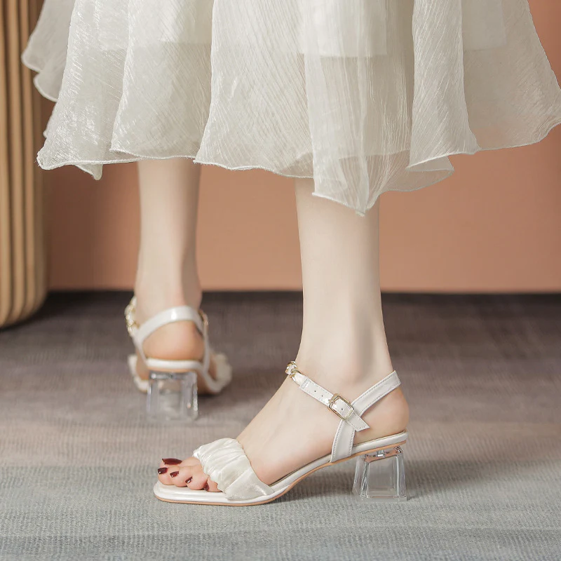 DEANWANGK  Summer  New Pleated Transparent Thick High Heel Sandals with Chain Square Toe Open Toe Rubber Sole for Women - Deanwangkt