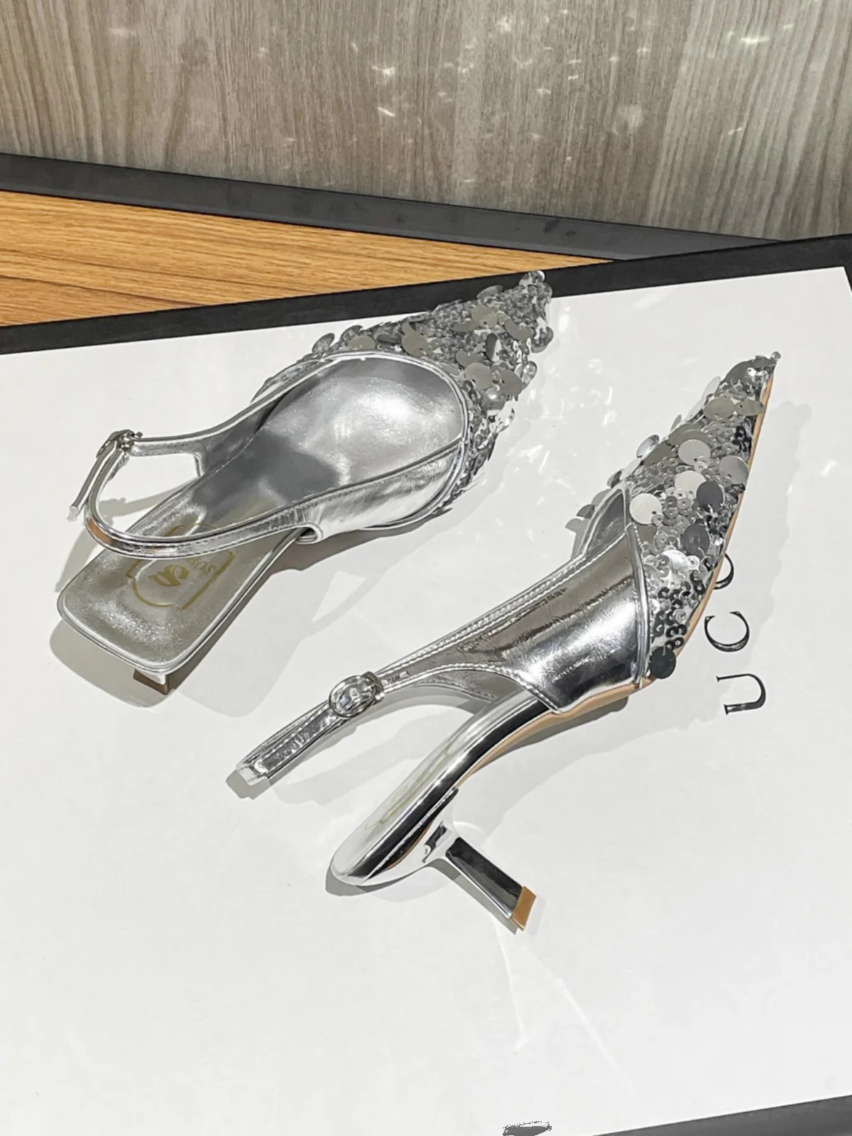 DEANWANGK  Closed Toe Sandals for Women  New Arrival Beautiful Silver Paillette Korean Style Fairy Style Elegant Pointed Stiletto Heels - Deanwangkt